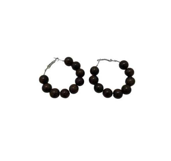 ARETES ARGOLLA CON BOLITAS DE MADERA CAFE