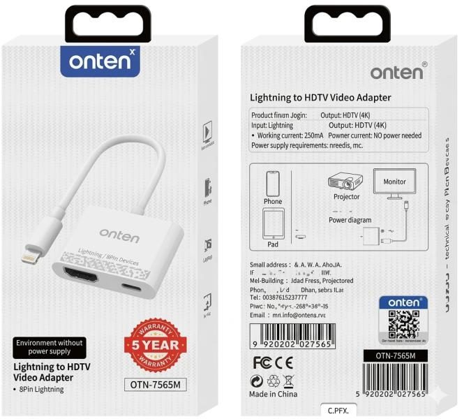 ADAPTADOR  DE VIDEO USB LIGHTNING MACHO A HDMI USB TIPO C HEMBRA OTN-7565M ONTEN