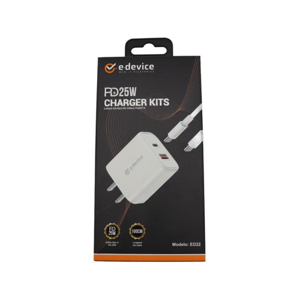 Cargador Casa e-device ED22 PD+QC 3.0 tipo C a tipo C 25W